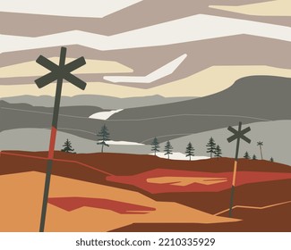 Panoramic landscape of mountain and hills. Scandinavian vector illustration. Winter resort in autumn colors. Modern and trendy background design. 