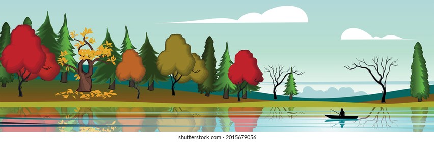 Panoramic landscape mountain lake, autumn bright forest - Vector illustration