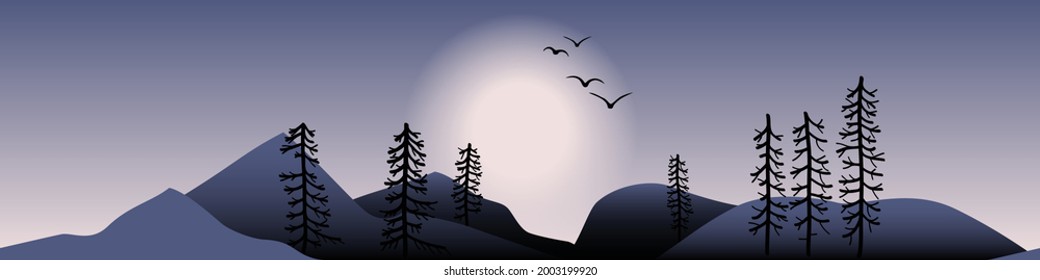 panoramic landscape - mountains, trees, sun, flock of birds