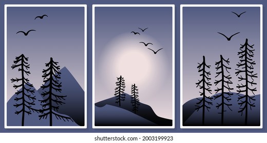 panoramic landscape - mountains, trees, sun, flock of birds - wall art vector set, for wall art, poster, wallpaper, print
