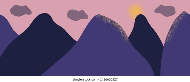 panoramic landscape, mountains, violet, sunset, orange sun illuminates the mountains and sits behind the mountain, horizontal landscape, pink sunset, background, banner