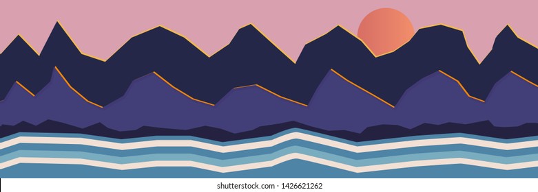 panoramic landscape, mountains, violet, sunset, orange sun sets over a mountain, sea or ocean, waves, horizontal background, banner