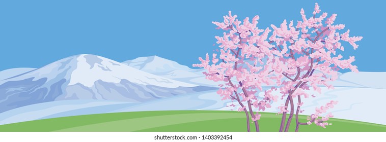The panoramic landscape, scene of the blossoming tree against the background of snow-covered mountains created on imagination in a format of vector graphics.