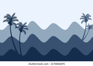 Panoramic landscape silhouette illustration of sea water waves and coconut trees