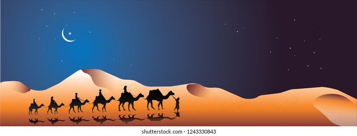 Panoramic Landscape silhouette vector of Camel caravan in the desert at night time. The caravan going through the desert with crescent moon and star. Concept of Happy Islamic New Year.  