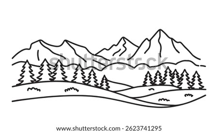 Panoramic landscape of the Swiss Alps featuring towering mountains and vibrant greenery in Switzerland line art flat vector illustration.