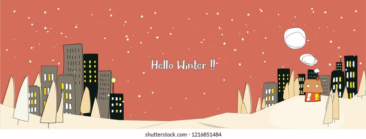 Panoramic landscape of urban winter.Hand draw vector like kids drawing image of scene of urban landscape in the winter while snowing.The small house with smoke from fireplace against high risen tower 