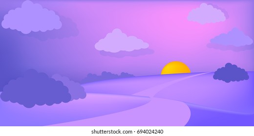 Panoramic landscape vector background. Cartoon wallpaper of sunset sky, hill, road and clouds in the night. Eps10 