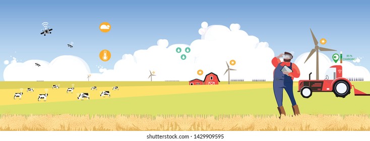 Panoramic landscape Vector illustration of eco smart farming management with internet of thing system (IOT).Farmer holding labtop and use virtual Reality Glass (VR) to monitoring 3D farm activites. 
