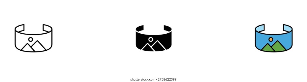 Panoramic landscape view and 360 degree wide angle perspective icon set. Virtual reality mountain photography symbol. Vector Illustration.
