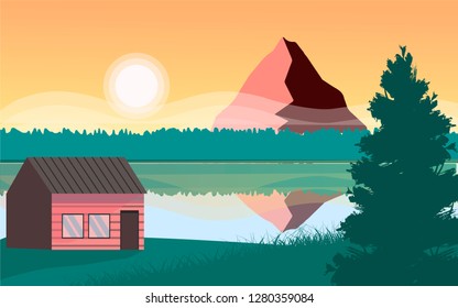 Paisaje panorámico. Ilustración vectorial de la naturaleza. Vista con árbol, hierba, río, montaña, bosque, lago, pino, sol, casa, reflexión.