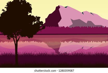 Panoramic lanscape. Vector illustration of nature. View with tree, grass, river, mountain, forest, lake, reflection.