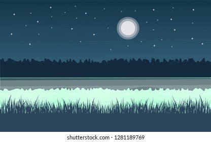 Panoramic lanscape. Vector illustration of nature. View with tree, grass, river, moon, forest, lake, reflection.