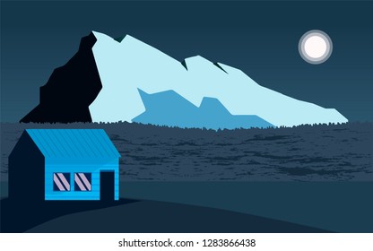 Panoramic lanscape. Vector illustration of nature. View with tree, grass, mountain, forest, moon, pine, sun, house.