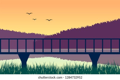 Panoramic lanscape. Vector illustration of nature. View with tree, grass, river, mountain, forest, lake, pine, sun, bridge, hills, reflection.