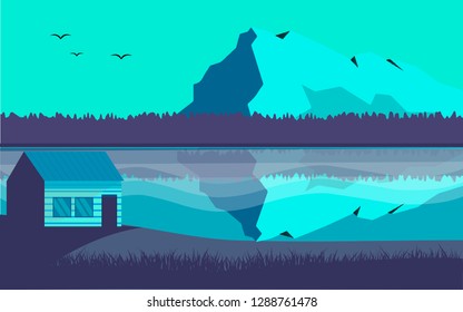 Panoramic lanscape. Vector illustration of nature. View with mountain, sky, birds, fog, house, hills, pines, trees, grass, river, lake, reflection.