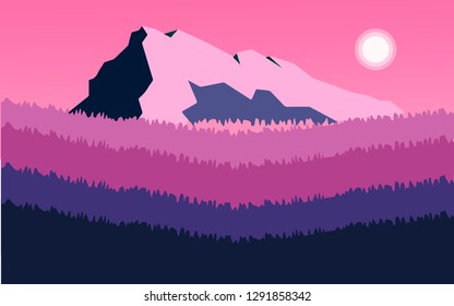 Panoramic lanscape. Vector illustration of nature. View with mountain, sky, fog, hills, pines, trees, grass, sun, sky, violet.