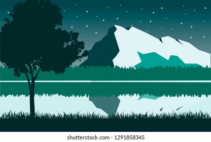 Panoramic lanscape. Vector illustration of nature. View with tree, grass, river, mountain, forest, lake, reflection.