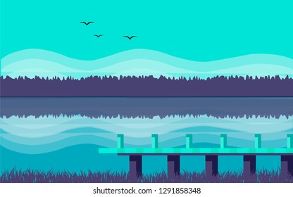 Panoramic lanscape. Vector illustration of nature. View with forest,hills birds,sky, pier, grass, fog.