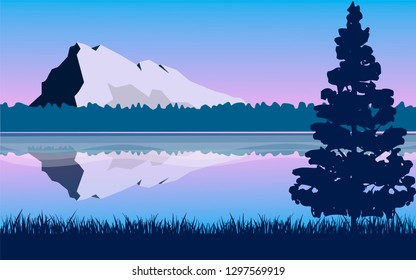 Panoramic lanscape. Vector illustration of nature. View with tree, grass, mountain, forest, hills, pine.