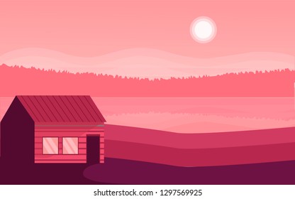 Panoramic lanscape. Vector illustration of nature. View with mountain, sky, sun, sunrise, sunset, fog, house, hills, pines, tress, grass, river, lake, reflection.