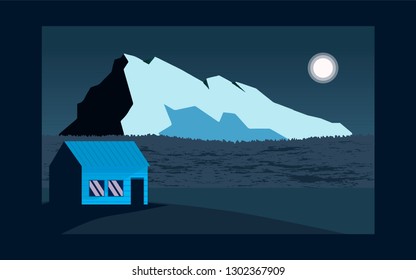 Panoramic lanscape. Vector illustration of nature. View with tree; grass; mountain; forest; moon; pine; sun; house