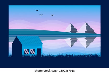 Panoramic lanscape. Vector illustration of nature. View with tree; grass; river; mountain; forest; lake; pine; sun; house; reflection; birds