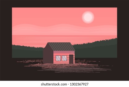 Panoramic lanscape. Vector illustration of nature. View with tree; grass; river; mountain; forest; lake; pine; sun; house; reflection