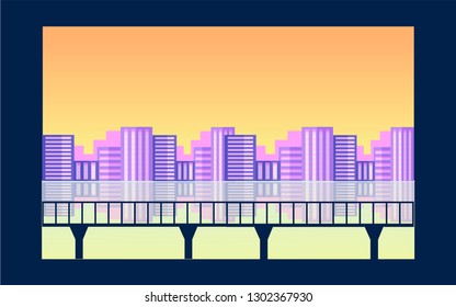 Panoramic lanscape. Vector illustration of nature. View with big city; lights; river; lack; reflection; bridge; grass