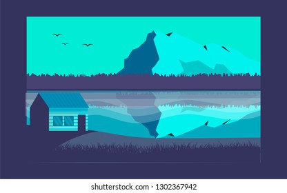 Panoramic lanscape. Vector illustration of nature. View with mountain; sky; birds; fog; house; hills; pines; trees; grass; river; lake; reflection