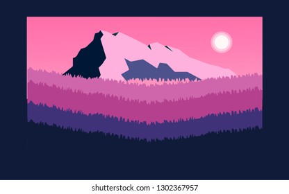 Panoramic lanscape. Vector illustration of nature. View withmountain; sky; fog; hills; pines; trees; grass; sun; violet;