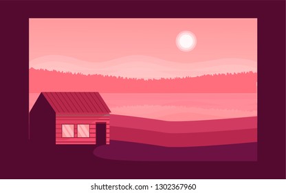 Panoramic lanscape. Vector illustration of nature. View with mountain; sky; sun; sunrise; sunset; fog; house; hills; pines; tress; grass; river; lake; reflection