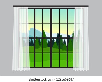 Panoramic large window with curtains. Viev fro the window on the mountains and meadow. Mountain summer or soring landscape with coniferous firs and green grass. 1-01
