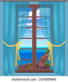 Panoramic large window with curtains. View on seashore, beautiful scenery. Sea with rocks, seascape behind glass. Interior design element, architectural detail. Window with glass and curtains