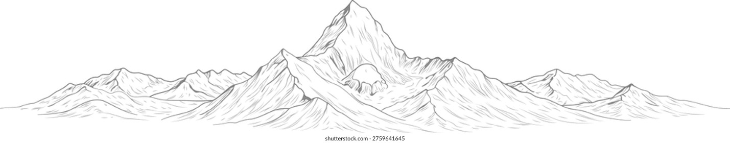 Panoramic line art illustration of Ama Dablam with surrounding Himalayan ridges, maintaining the mountain’s distinctive asymmetric arms and hanging glacier. Designed for wide layouts, travel visuals, and landscape compositions.
