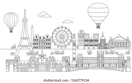 Panoramic line art style Paris City Skyline vector Illustration in black color isolated on white background. Vector silhouette Illustration of landmarks of Paris,France. Paris vector icon. 