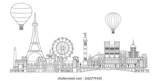 Panoramic line art style Paris City Skyline vector Illustration in black color isolated on white background. Vector silhouette Illustration of landmarks of Paris,France. Paris vector icon. 