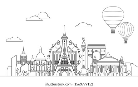 Panoramic line art style Paris City Skyline vector Illustration in black color isolated on white background. Vector silhouette Illustration of landmarks of Paris,France. Paris vector icon. 