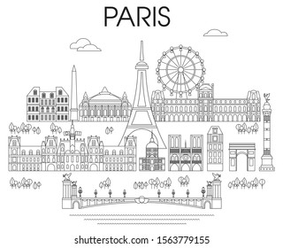 Panoramic line art style Paris City Skyline vector Illustration in black color isolated on white background. Vector silhouette Illustration of landmarks of Paris,France. Paris vector icon. 