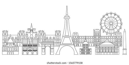Panoramic line art style Paris City Skyline vector Illustration in black color isolated on white background. Vector silhouette Illustration of landmarks of Paris,France. Paris vector icon. 