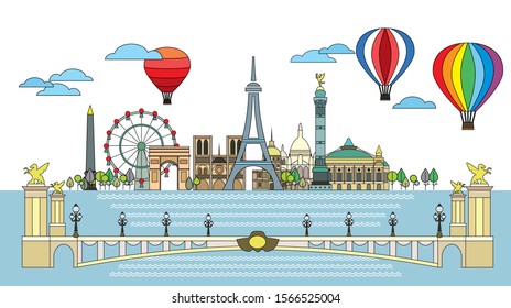 Panoramic line art style Paris City Skyline. Colorful isolated vector illustration. Vector silhouette Illustration of landmarks of Paris,France. Paris vector icon.