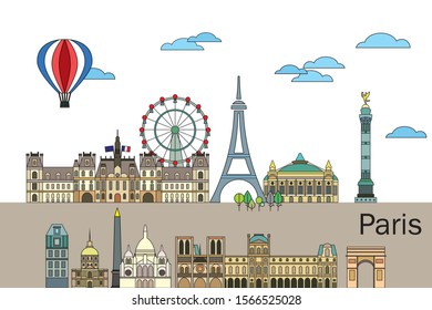 Panoramic line art style Paris City Skyline. Colorful isolated vector illustration. Vector silhouette Illustration of landmarks of Paris,France. Paris vector icon.