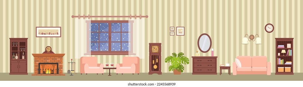 El interior de la sala de estar panorámica con muebles de caoba, sillones acogedores, chimenea y reloj de abuelo. El concepto de casa interior. Caricatura de estilo plano. Ilustración del vector
