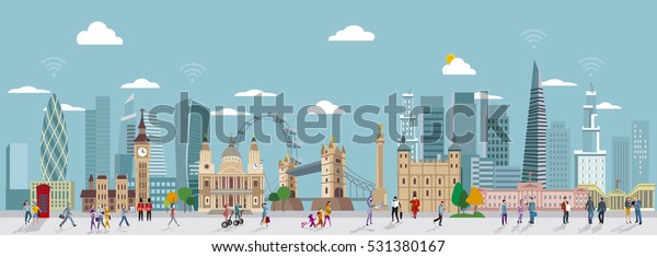 Panoramic of London\
Skyline and People Walking. City of London one of the leading\
centrers of global\
finance.\
