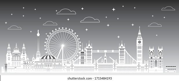 Panoramic London skyline travel illustration.London city landmarks, monochrome gradient english tourism and journey vector background. Worldwide traveling concept.Stock illustration