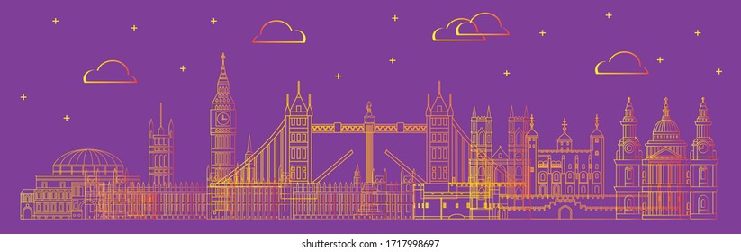 Panoramic London travel illustration with architectural landmarks in line art style. Flat illustration, English tourism and journey vector background. Front view London traveling concept. 