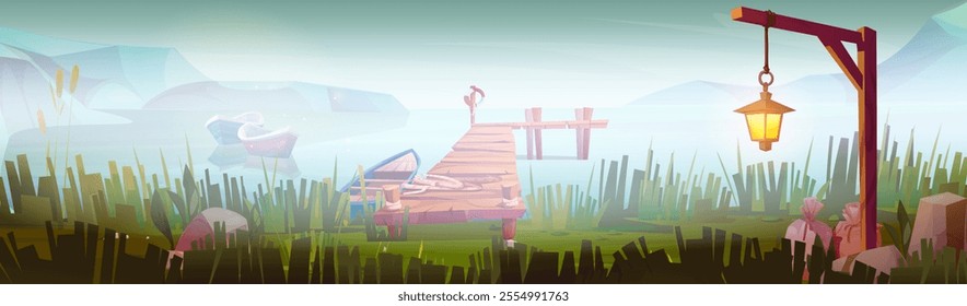 Panoramic misty waterfront scene with wooden pier and fishing boats surrounded by tall grass, glowing lantern on post, distant mountains. Game background of peaceful morning landscape illustration.