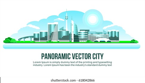 Panoramic modern city snowy of glass and concrete. With houses, buildings, overpass or bridge, and bush trees & sea or ocean beach. Futuristic fantasy design architecture it's no have real prototype.