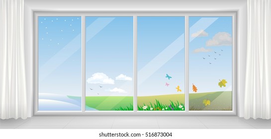 Panoramic Modern White Window In Different Seasons And Times Of The Year, Spring, Winter, Summer, Autumn. Bright Interior With Curtains In Vector Graphics.