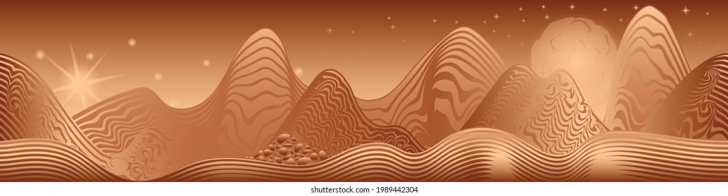 panoramic  monochrome brown abstract mountain landscape, rocks, hills, stones, sun and a huge moon; seamless pattern